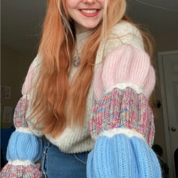 Sweater rainbow pink gathered sleeve puff lantern sleeve ruched blue cream - Picture 6 of 9